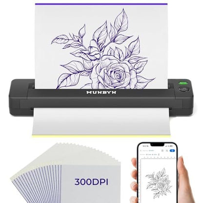 MUNBYN Tattoo Stencil Printer ITP06 - 300DPI Wireless Thermal Tattoo Printer with 20 Transfer Papers, Compatible with Smartphone & PC for Tattoo Artists & Beginners Avelisse