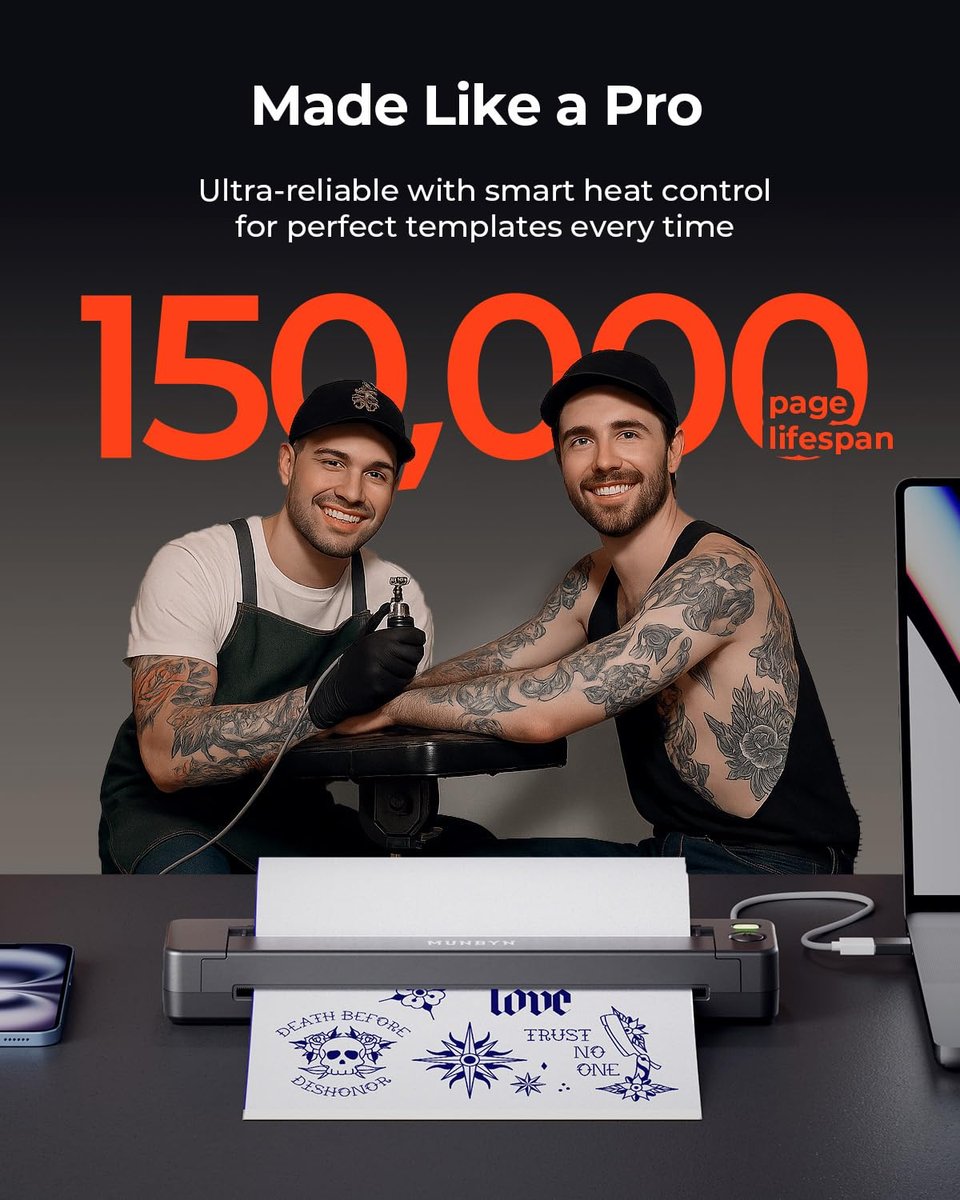 MUNBYN Tattoo Stencil Printer ITP06 - 300DPI Wireless Thermal Tattoo Printer with 20 Transfer Papers, Compatible with Smartphone & PC for Tattoo Artists & Beginners Avelisse