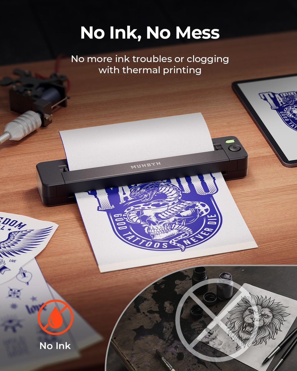 MUNBYN Tattoo Stencil Printer ITP06 - 300DPI Wireless Thermal Tattoo Printer with 20 Transfer Papers, Compatible with Smartphone & PC for Tattoo Artists & Beginners Avelisse