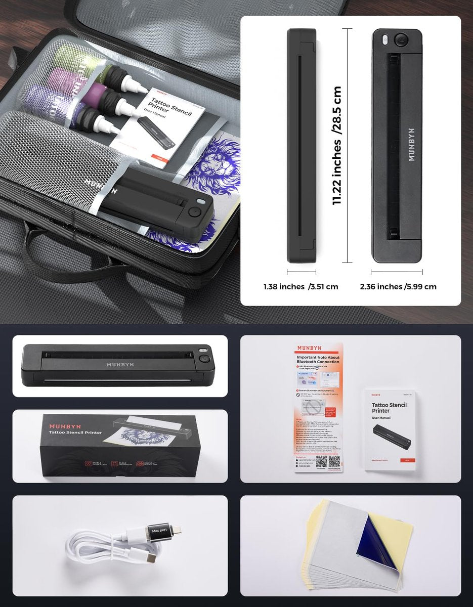 MUNBYN Tattoo Stencil Printer ITP06 - 300DPI Wireless Thermal Tattoo Printer with 20 Transfer Papers, Compatible with Smartphone & PC for Tattoo Artists & Beginners Avelisse