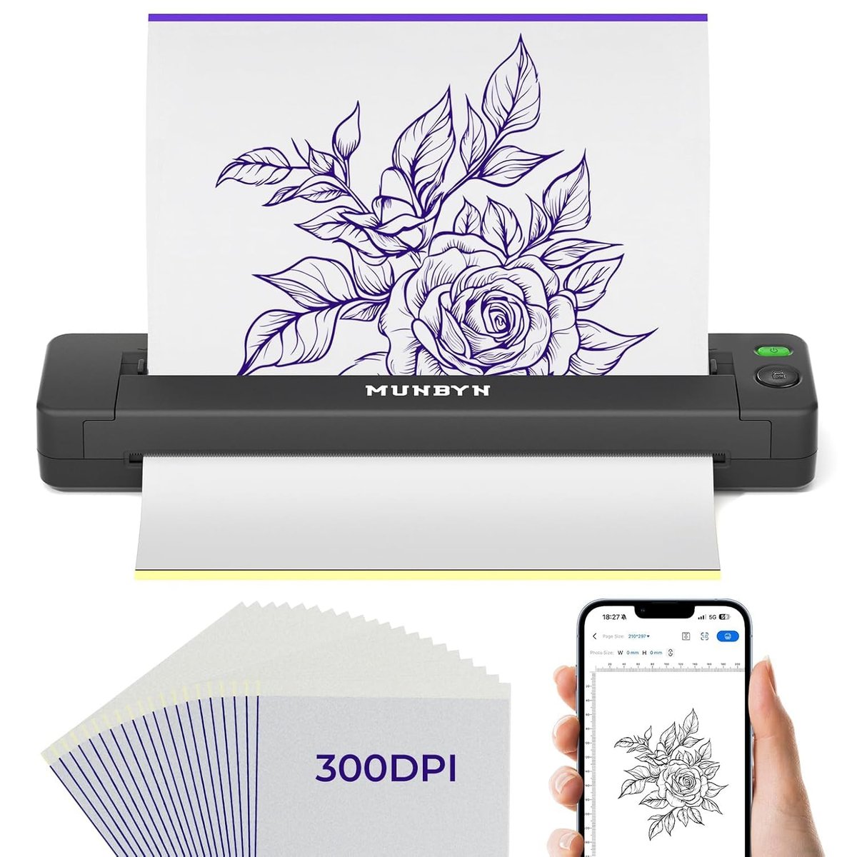 MUNBYN Tattoo Stencil Printer ITP06 - 300DPI Wireless Thermal Tattoo Printer with 20 Transfer Papers, Compatible with Smartphone & PC for Tattoo Artists & Beginners Avelisse