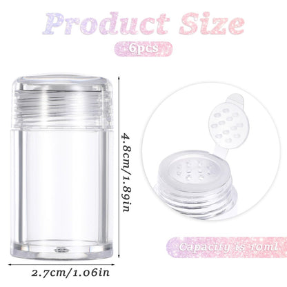 6 Pcs Clear Plastic Loose Powder Bottles with 12-Hole Sifter Lids - 10 ml Travel Size Containers for Glitter, Baby Powder, and More