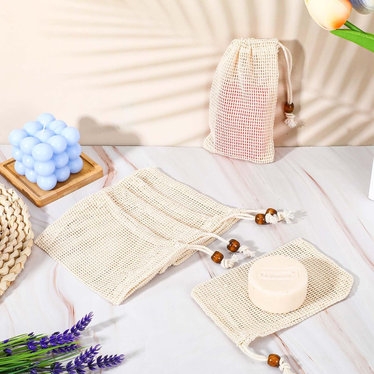 cobee 10 Pack Pure Cotton Soap Bag Set – Mesh Exfoliating Soap Saver Pouch for Shower, Foaming & Drying Soap Holder - görsel 7