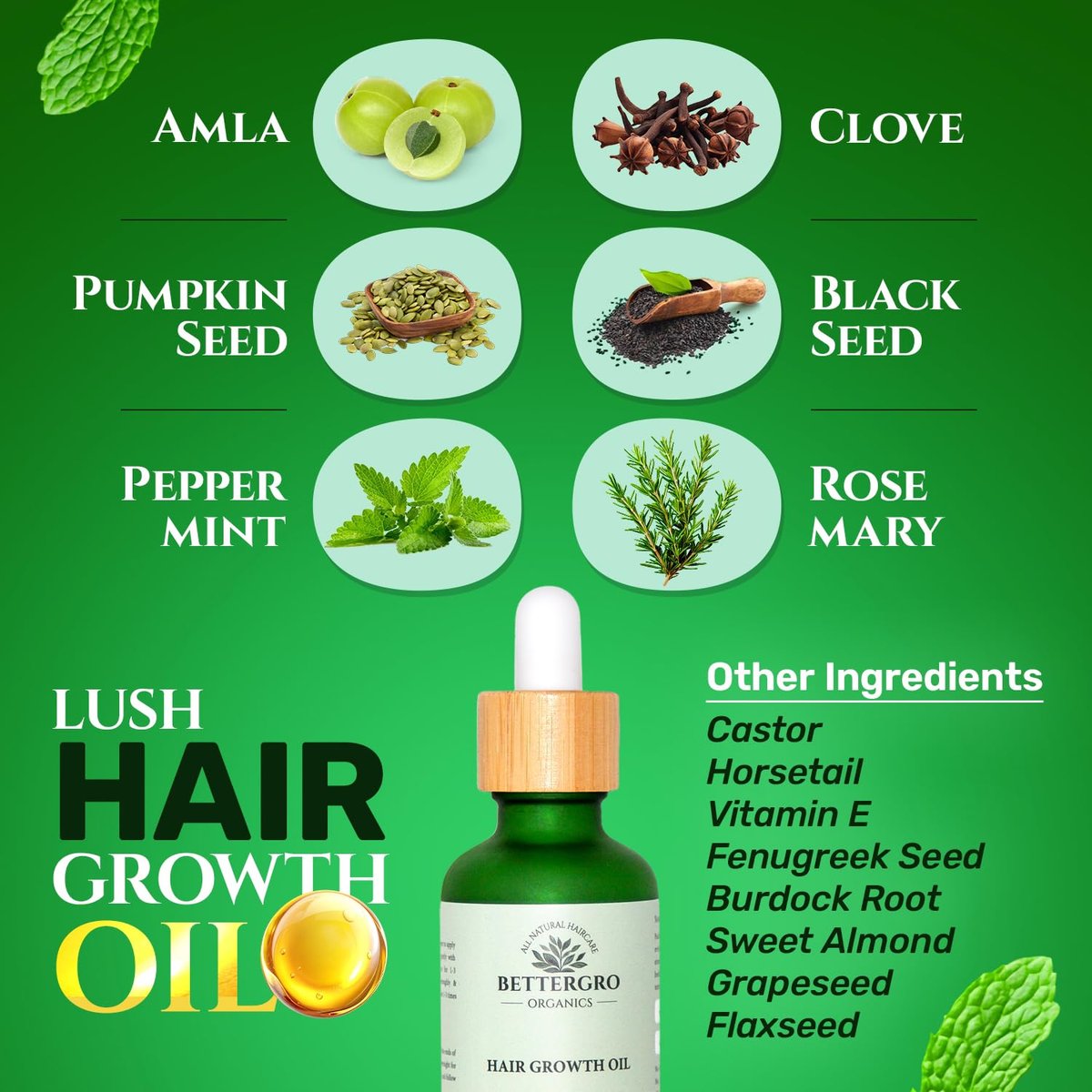 BetterGRO Organic Hair Growth Oil – Herbal & Natural Blend with Rosemary, Black Seed, Amla, Pumpkin Seed & More – Supports Growth, Strengthens Roots, Vegan & Cruelty-Free (1.7 fl oz) Avelisse