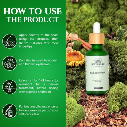 BetterGRO Organic Hair Growth Oil – Herbal & Natural Blend with Rosemary, Black Seed, Amla, Pumpkin Seed & More – Supports Growth, Strengthens Roots, Vegan & Cruelty-Free (1.7 fl oz) Avelisse