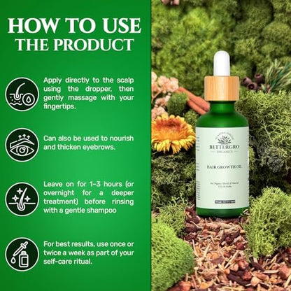 BetterGRO Organic Hair Growth Oil – Herbal & Natural Blend with Rosemary, Black Seed, Amla, Pumpkin Seed & More – Supports Growth, Strengthens Roots, Vegan & Cruelty-Free (1.7 fl oz) Avelisse