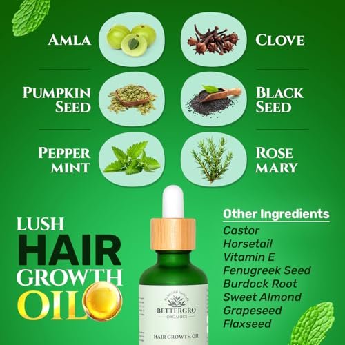 BetterGRO Organic Hair Growth Oil – Herbal & Natural Blend with Rosemary, Black Seed, Amla, Pumpkin Seed & More – Supports Growth, Strengthens Roots, Vegan & Cruelty-Free (1.7 fl oz) Avelisse