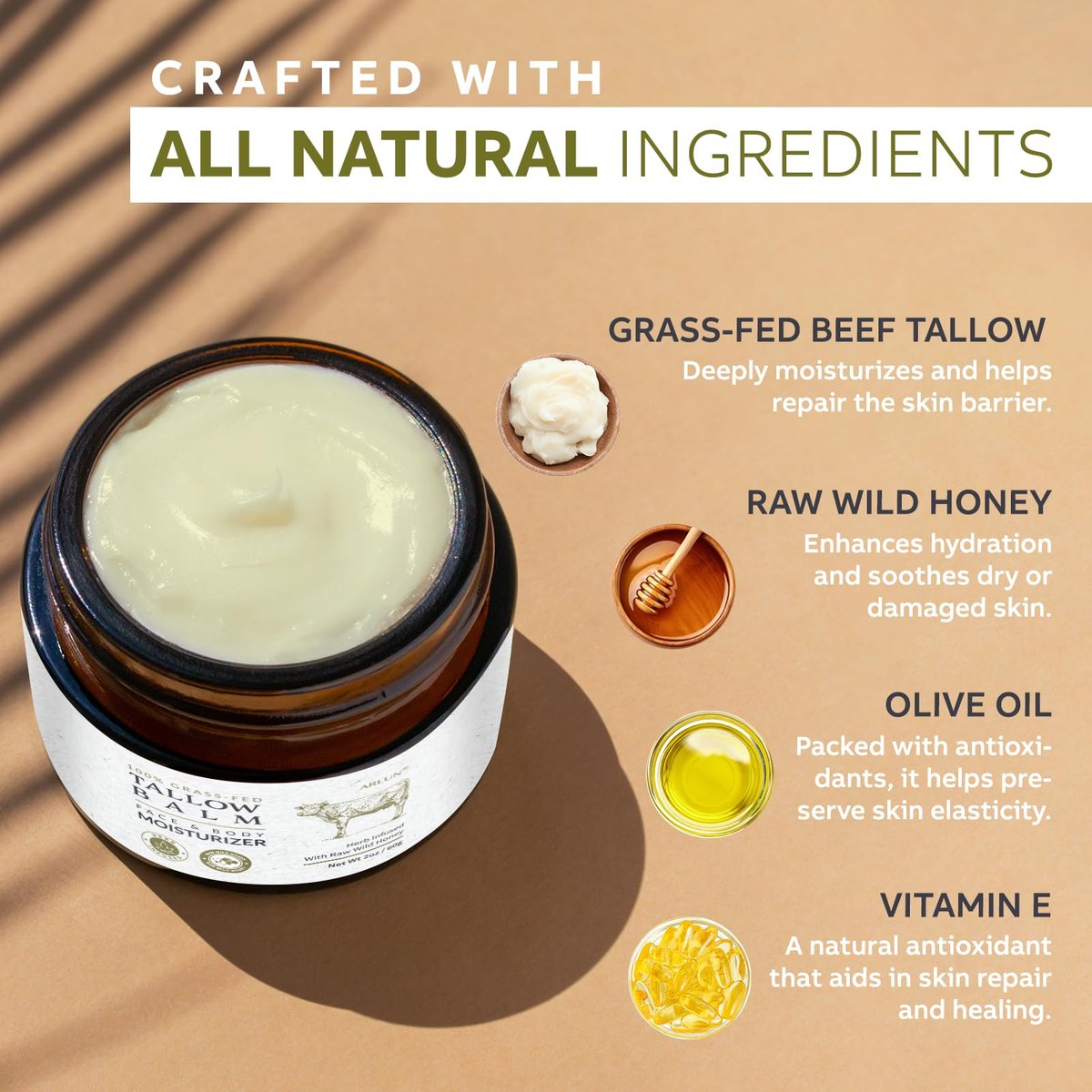 Beef Tallow for Skin with Honey – Grass Fed Tallow Face Moisturizer, Nourishing & Hydrating Balm, 60g Avelisse