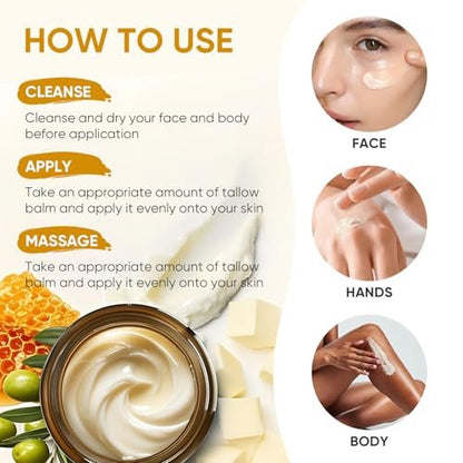 Organic Grass-Fed Beef Tallow Balm with Raw Honey - 4 oz All-Natural Moisturizer for Face & Body