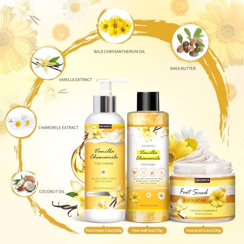 LUCOTIYA Foot Soak Set Pedicure Kit - Vanilla Chamomile Foot Soak Salts, File, Scrub & Urea Cream for Dry Cracked Feet Avelisse