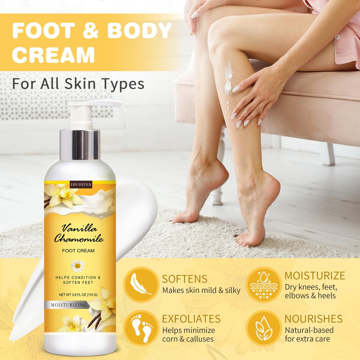 LUCOTIYA Foot Soak Set Pedicure Kit - Vanilla Chamomile Foot Soak Salts, File, Scrub & Urea Cream for Dry Cracked Feet Avelisse