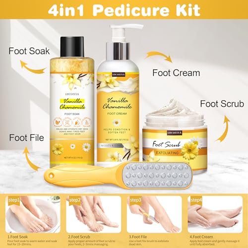 LUCOTIYA Foot Soak Set Pedicure Kit - Vanilla Chamomile Foot Soak Salts, File, Scrub & Urea Cream for Dry Cracked Feet Avelisse