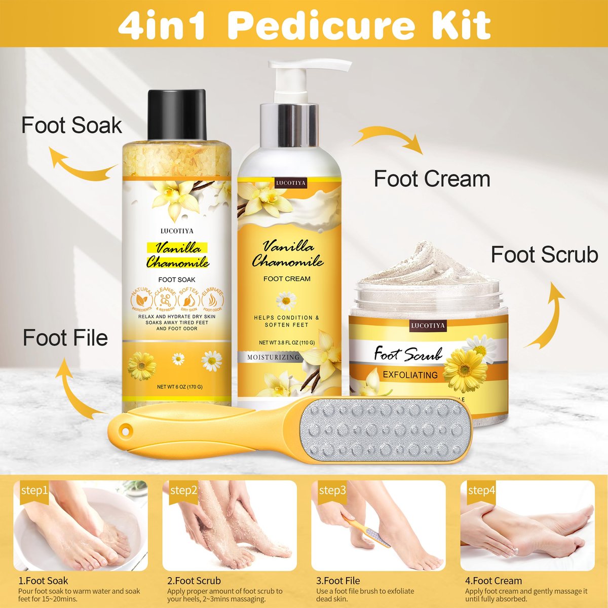 LUCOTIYA Foot Soak Set Pedicure Kit - Vanilla Chamomile Foot Soak Salts, File, Scrub & Urea Cream for Dry Cracked Feet Avelisse