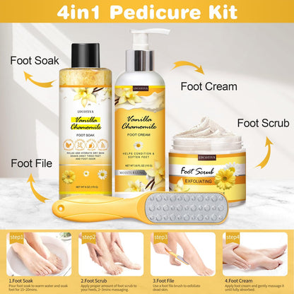LUCOTIYA Foot Soak Set Pedicure Kit - Vanilla Chamomile Foot Soak Salts, File, Scrub & Urea Cream for Dry Cracked Feet Avelisse