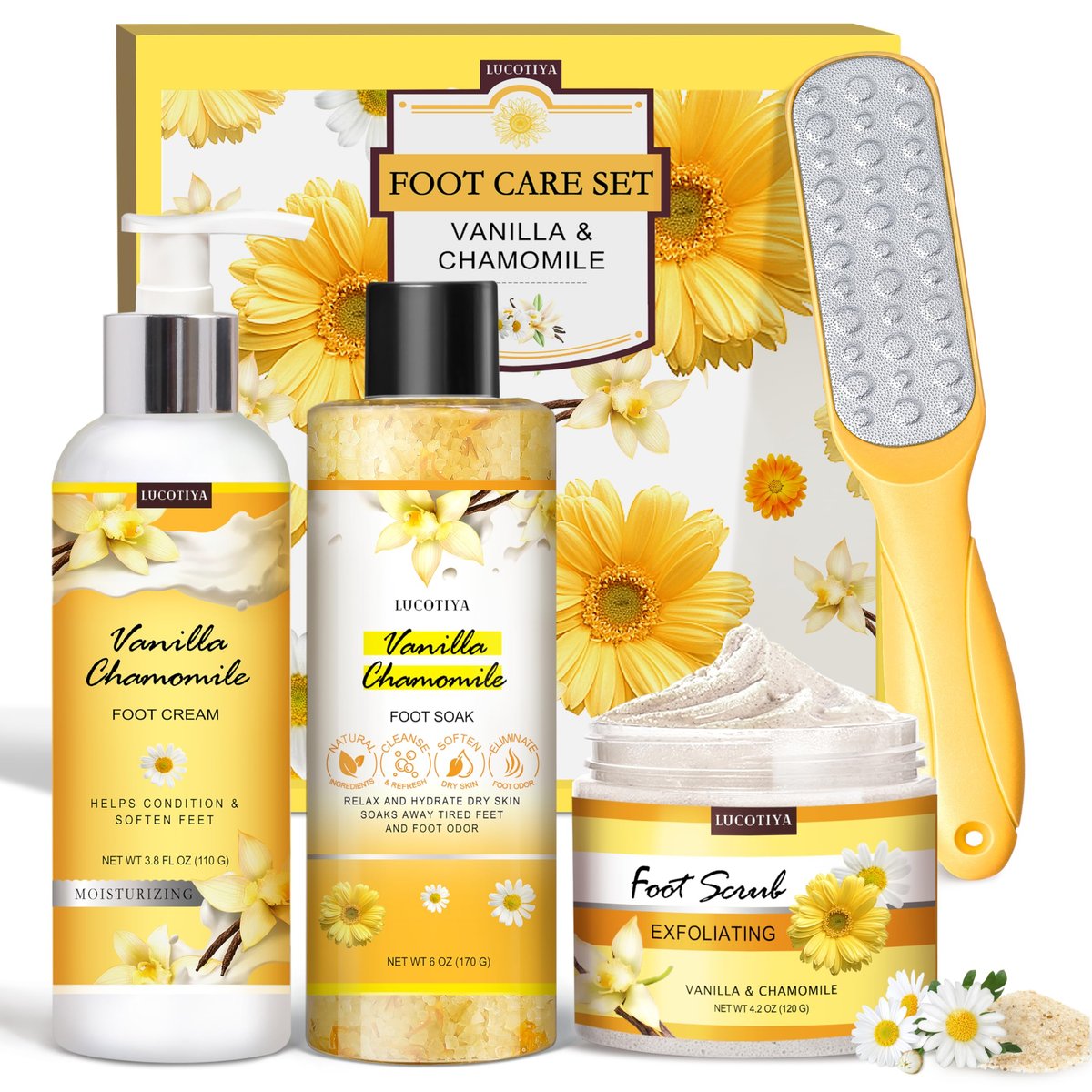 LUCOTIYA Foot Soak Set Pedicure Kit - Vanilla Chamomile Foot Soak Salts, File, Scrub & Urea Cream for Dry Cracked Feet Avelisse