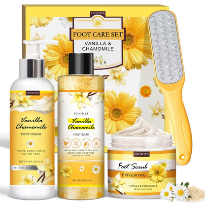 LUCOTIYA Foot Soak Set Pedicure Kit - Vanilla Chamomile Foot Soak Salts, File, Scrub & Urea Cream for Dry Cracked Feet Avelisse