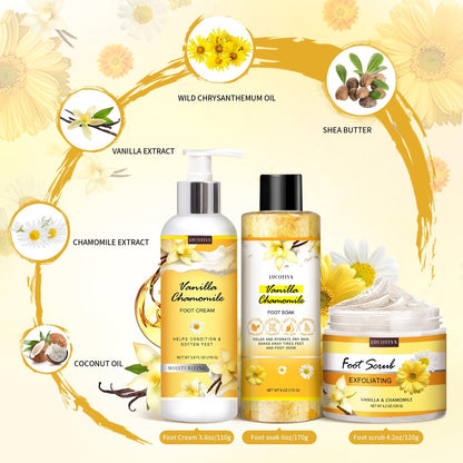 LUCOTIYA Foot Soak Set Pedicure Kit - Vanilla Chamomile Foot Soak Salts, File, Scrub & Urea Cream for Dry Cracked Feet Avelisse