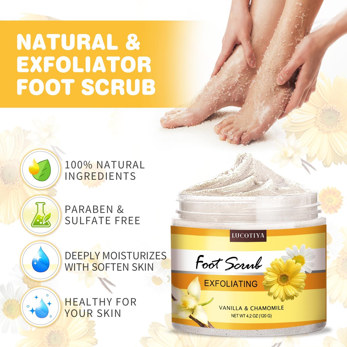 LUCOTIYA Foot Soak Set Pedicure Kit - Vanilla Chamomile Foot Soak Salts, File, Scrub & Urea Cream for Dry Cracked Feet Avelisse