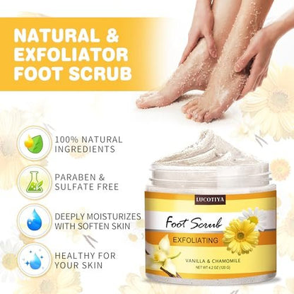 LUCOTIYA Foot Soak Set Pedicure Kit - Vanilla Chamomile Foot Soak Salts, File, Scrub & Urea Cream for Dry Cracked Feet Avelisse