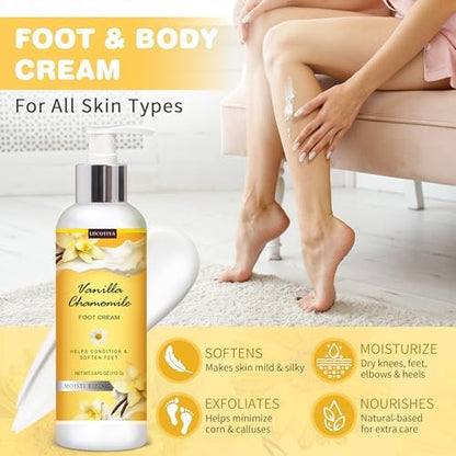 LUCOTIYA Foot Soak Set Pedicure Kit - Vanilla Chamomile Foot Soak Salts, File, Scrub & Urea Cream for Dry Cracked Feet Avelisse