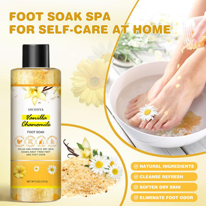 LUCOTIYA Foot Soak Set Pedicure Kit - Vanilla Chamomile Foot Soak Salts, File, Scrub & Urea Cream for Dry Cracked Feet Avelisse