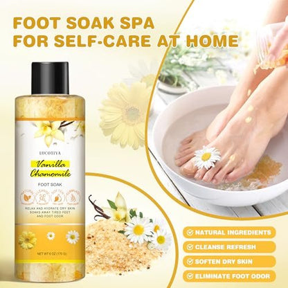 LUCOTIYA Foot Soak Set Pedicure Kit - Vanilla Chamomile Foot Soak Salts, File, Scrub & Urea Cream for Dry Cracked Feet Avelisse