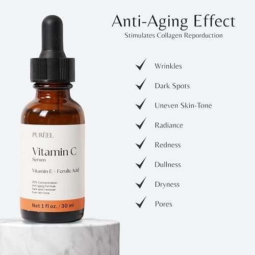 Purify. Puréel 20% Vitamin C Serum for Face – Brightening Serum with Vitamin E & Ferulic Acid – Anti-Aging, Dark Spot Remover, Even Skin Tone, Wrinkle Reduction & Radiant Glow – 1 fl oz Avelisse