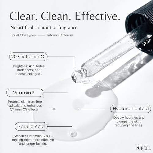 Purify. Puréel 20% Vitamin C Serum for Face – Brightening Serum with Vitamin E & Ferulic Acid – Anti-Aging, Dark Spot Remover, Even Skin Tone, Wrinkle Reduction & Radiant Glow – 1 fl oz Avelisse