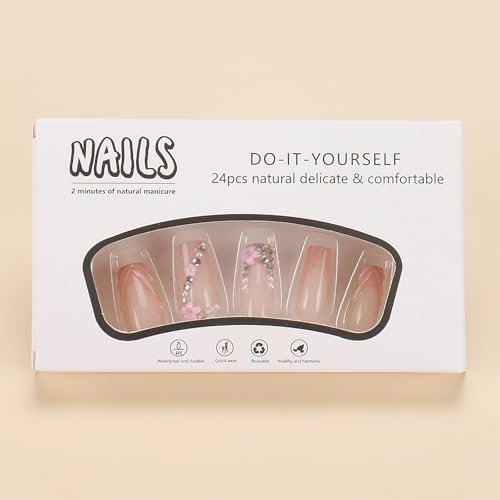 ROFIBUT Pink 3D French Tip Press on Nails Medium Square Fake Nails with Rhinestones Design Flower Charms Acrylic Nails Luxury Glossy False Nails Glue on Nails Reusable Artificial Nails for Women 30Pcs - görsel 12