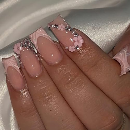 ROFIBUT Pink 3D French Tip Press on Nails Medium Square Fake Nails with Rhinestones Design Flower Charms Acrylic Nails Luxury Glossy False Nails Glue on Nails Reusable Artificial Nails for Women 30Pcs