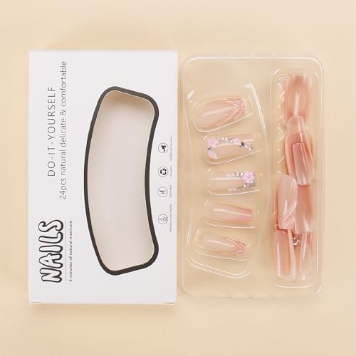 ROFIBUT Pink 3D French Tip Press on Nails Medium Square Fake Nails with Rhinestones Design Flower Charms Acrylic Nails Luxury Glossy False Nails Glue on Nails Reusable Artificial Nails for Women 30Pcs - görsel 10