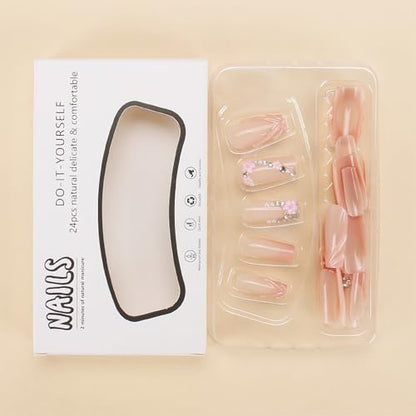 ROFIBUT Pink 3D French Tip Press on Nails Medium Square Fake Nails with Rhinestones Design Flower Charms Acrylic Nails Luxury Glossy False Nails Glue on Nails Reusable Artificial Nails for Women 30Pcs