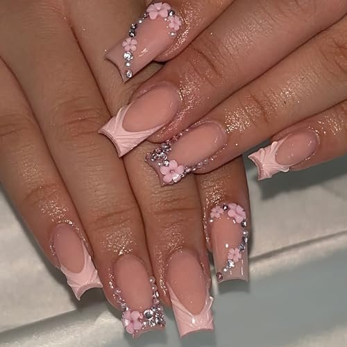 ROFIBUT Pink 3D French Tip Press on Nails Medium Square Fake Nails with Rhinestones Design Flower Charms Acrylic Nails Luxury Glossy False Nails Glue on Nails Reusable Artificial Nails for Women 30Pcs - görsel 2