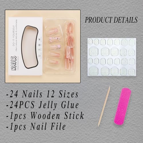 ROFIBUT Pink 3D French Tip Press on Nails Medium Square Fake Nails with Rhinestones Design Flower Charms Acrylic Nails Luxury Glossy False Nails Glue on Nails Reusable Artificial Nails for Women 30Pcs - görsel 4