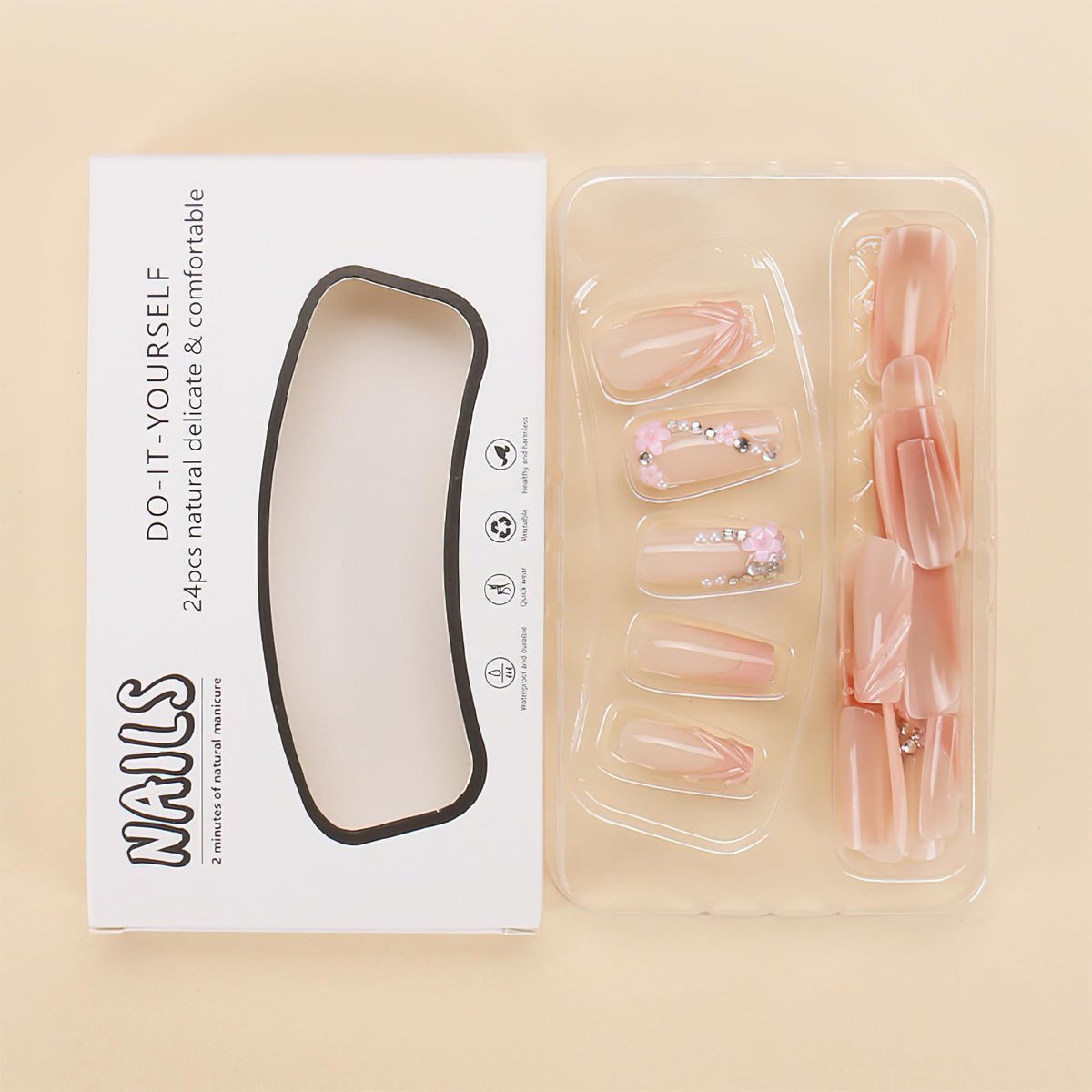 ROFIBUT Pink 3D French Tip Press on Nails Medium Square Fake Nails with Rhinestones Design Flower Charms Acrylic Nails Luxury Glossy False Nails Glue on Nails Reusable Artificial Nails for Women 30Pcs - görsel 9