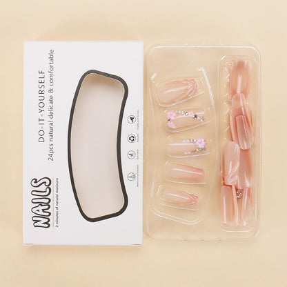 ROFIBUT Pink 3D French Tip Press on Nails Medium Square Fake Nails with Rhinestones Design Flower Charms Acrylic Nails Luxury Glossy False Nails Glue on Nails Reusable Artificial Nails for Women 30Pcs