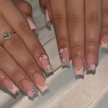 ROFIBUT Pink 3D French Tip Press on Nails Medium Square Fake Nails with Rhinestones Design Flower Charms Acrylic Nails Luxury Glossy False Nails Glue on Nails Reusable Artificial Nails for Women 30Pcs