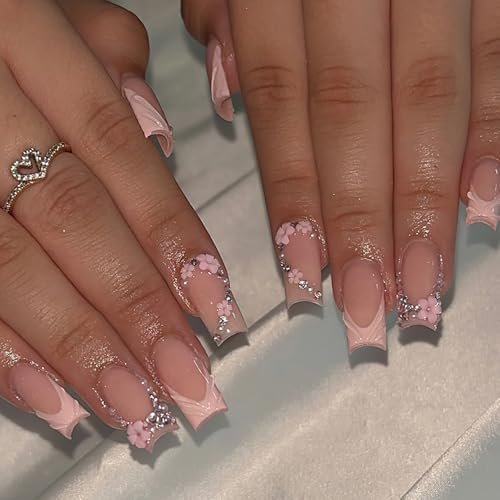 ROFIBUT Pink 3D French Tip Press on Nails Medium Square Fake Nails with Rhinestones Design Flower Charms Acrylic Nails Luxury Glossy False Nails Glue on Nails Reusable Artificial Nails for Women 30Pcs - görsel 8
