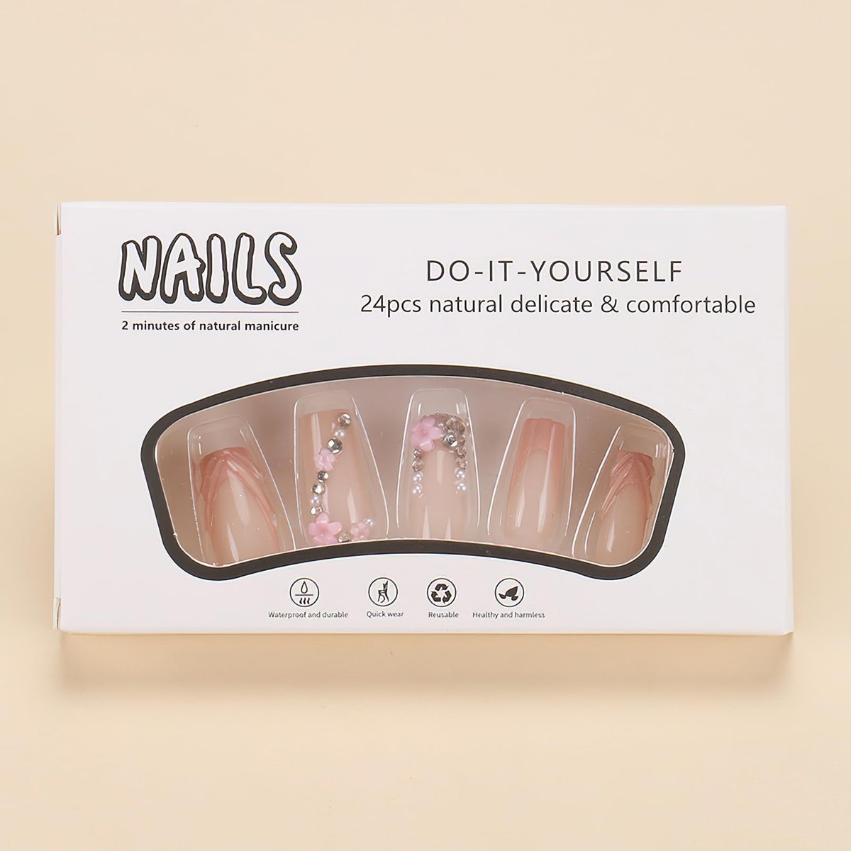ROFIBUT Pink 3D French Tip Press on Nails Medium Square Fake Nails with Rhinestones Design Flower Charms Acrylic Nails Luxury Glossy False Nails Glue on Nails Reusable Artificial Nails for Women 30Pcs - görsel 11