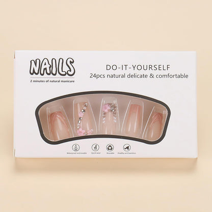 ROFIBUT Pink 3D French Tip Press on Nails Medium Square Fake Nails with Rhinestones Design Flower Charms Acrylic Nails Luxury Glossy False Nails Glue on Nails Reusable Artificial Nails for Women 30Pcs