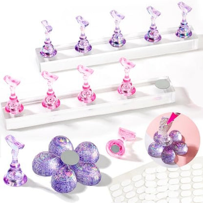 2 Nail Stand for Press Ons - Upgrade Solid Acrylic Nail Stands with Flower Design, Fake Nail Holder for Painting and Display, Includes Glue Tips