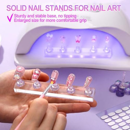 2 Nail Stand for Press Ons - Upgrade Solid Acrylic Nail Stands with Flower Design, Fake Nail Holder for Painting and Display, Includes Glue Tips