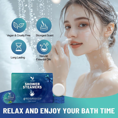 Shower Steamers Aromatherapy, 6 Pack Organic Shower Bombs with Menthol & Eucalyptus Essential Oils - Relaxation & Self-Care Gift for Mom, Wife, Her