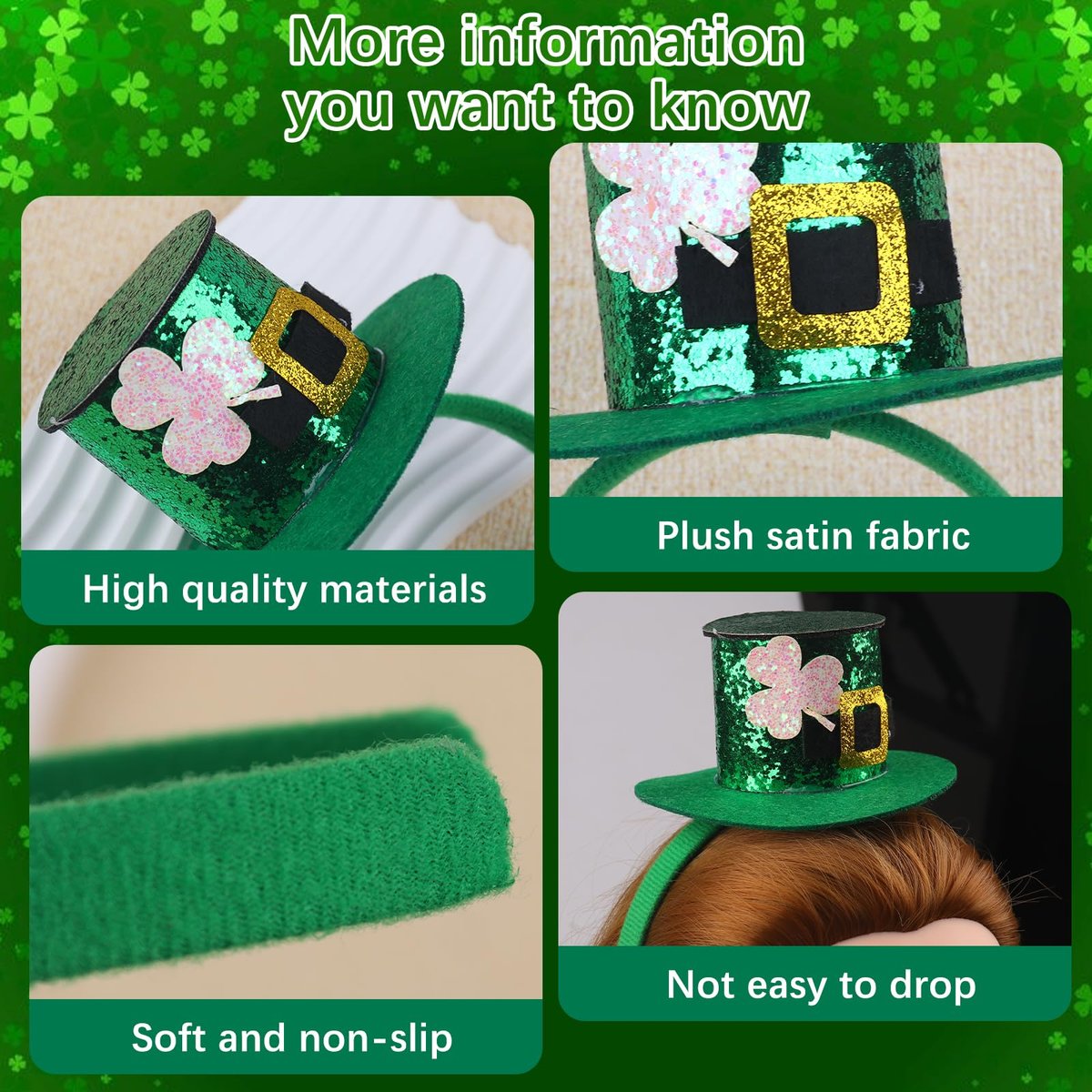 WRBAJIS St. Patrick's Day Headband - Green Glitter Shamrock Headpiece with Lucky Clover Hair Accessories for Women and Girls - görsel 7