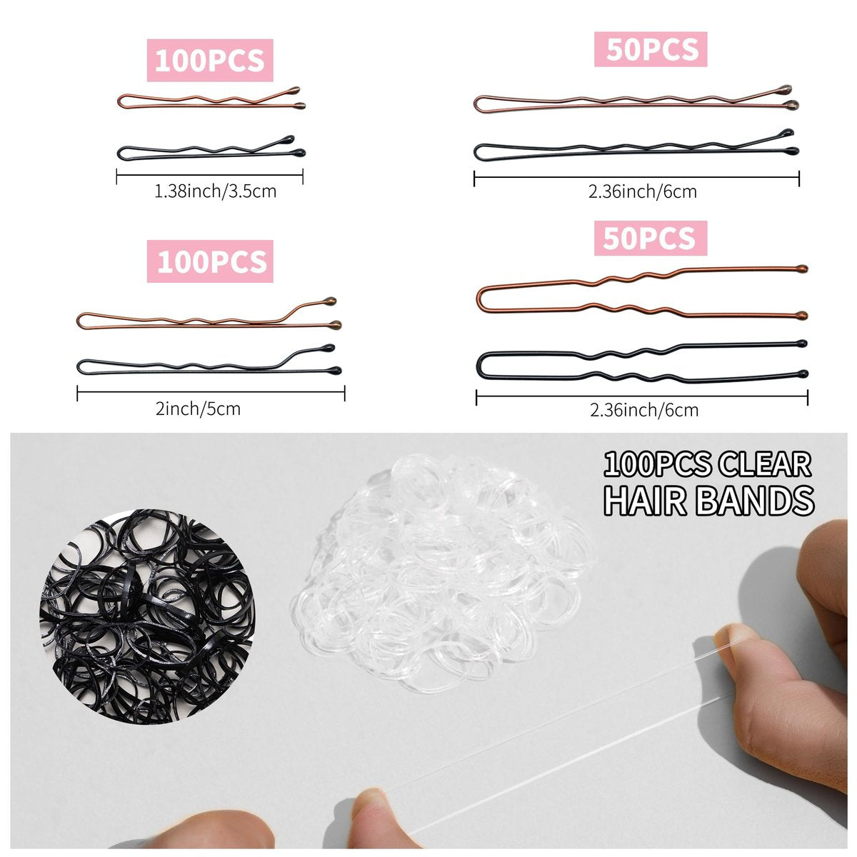 Scaups 400PCS Brown and Black Bobby Pins Kit with Hair Bands, 1.38inch 2inch 2.36inch Bobby Pins and 2.36inch U Shape Hair Pins for Women - görsel 3