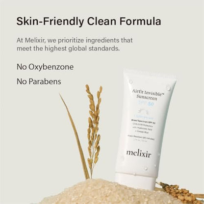Melixir Airfit Invisible™ Sunscreen SPF 50 - Korean Rice Sunscreen for Face with Hyaluronic Acid, Moisturizing Daily Protection for Sensitive Skin, No White Cast, Waterproof, 1.7 fl oz