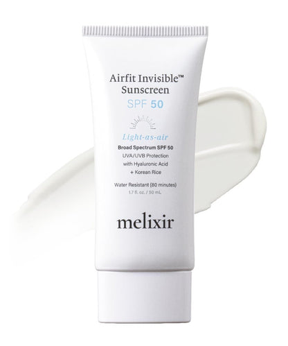 Melixir Airfit Invisible™ Sunscreen SPF 50 - Korean Rice Sunscreen for Face with Hyaluronic Acid, Moisturizing Daily Protection for Sensitive Skin, No White Cast, Waterproof, 1.7 fl oz