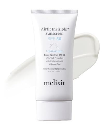 Melixir Airfit Invisible™ Sunscreen SPF 50 - Korean Rice Sunscreen for Face with Hyaluronic Acid, Moisturizing Daily Protection for Sensitive Skin, No White Cast, Waterproof, 1.7 fl oz