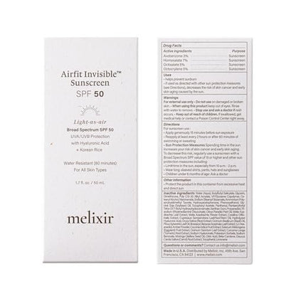Melixir Airfit Invisible™ Sunscreen SPF 50 - Korean Rice Sunscreen for Face with Hyaluronic Acid, Moisturizing Daily Protection for Sensitive Skin, No White Cast, Waterproof, 1.7 fl oz