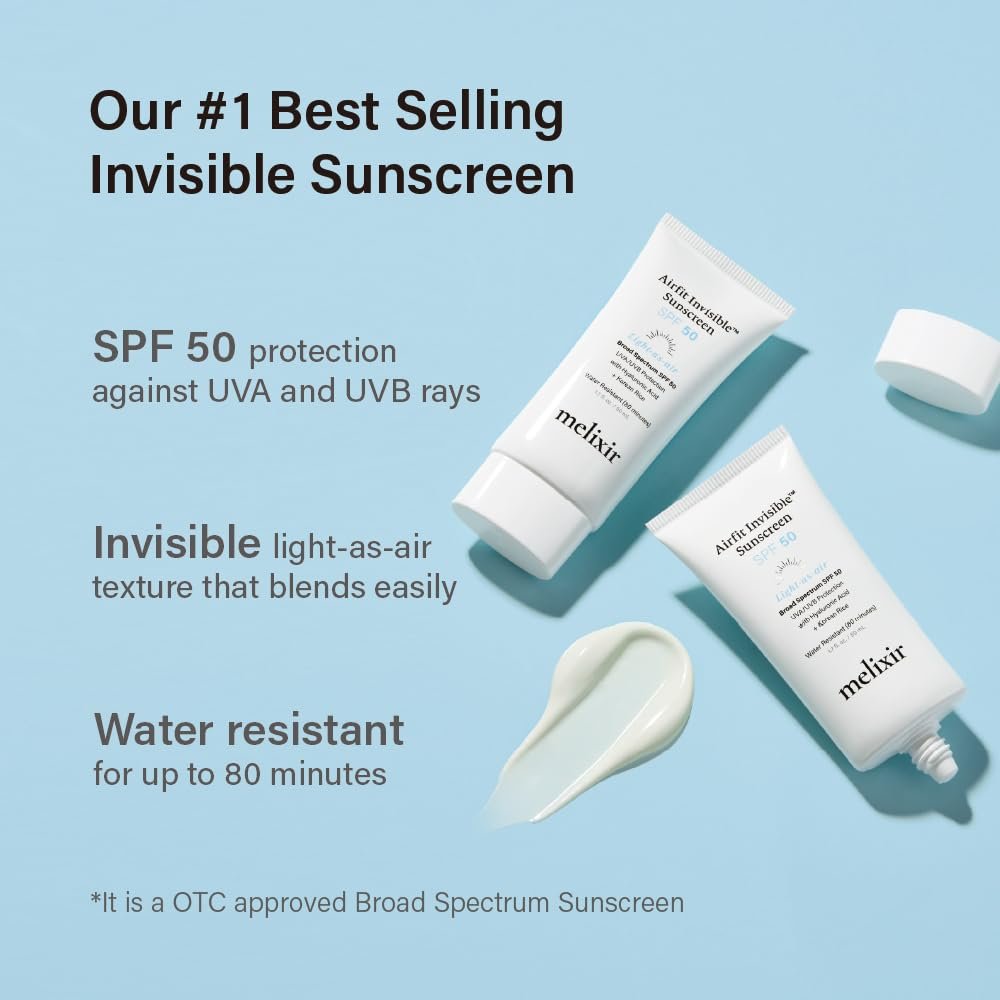 Melixir Airfit Invisible™ Sunscreen SPF 50 - Korean Rice Sunscreen for Face with Hyaluronic Acid, Moisturizing Daily Protection for Sensitive Skin, No White Cast, Waterproof, 1.7 fl oz - görsel 4